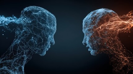 Two abstract human head profiles facing each other with glowing network connections and digital effect