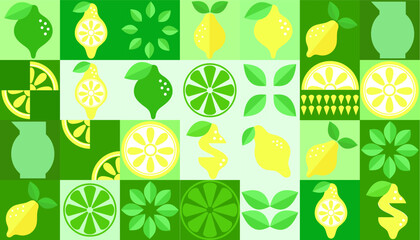 Lemon geometric background. Vector minimalist style pattern. Abstract illustration of lemon, leaves, symbols. Simple icon.	
