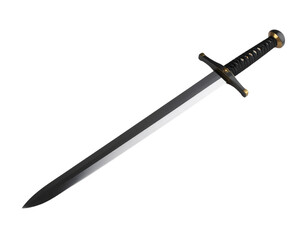 A medieval broadsword with a dark hilt and sharp blade, isolated on a white background.