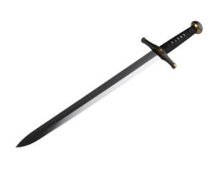 A medieval broadsword with a dark hilt and sharp blade, isolated on a white background.