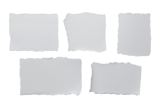 set of ripped white paper sheets png transparent background. document or newspaper mockup, torn blank pages with uneven texture edges.