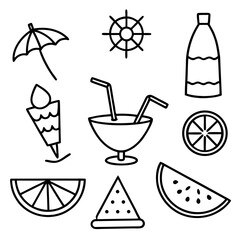 Summer icons with drinks and fruit vacation beach