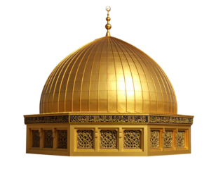 A golden mosque dome with intricate patterns, representing Islamic architecture, isolated on white.