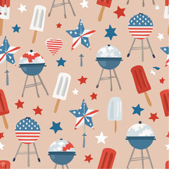 Seamless pattern featuring patriotic elements: stars, stripes, heart, popsicles, and barbecues on a light brown background.