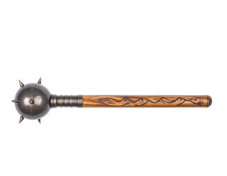 A medieval mace weapon with a wooden handle and spiked metal head, angled view, isolated on white.