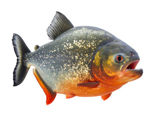 A vibrant, orange-finned Piranha fish, angled view, known for its sharp teeth, isolated on a white background.