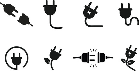 Electric Plug Icon Set –  Minimalist Black Silhouettes Featuring Power Connection