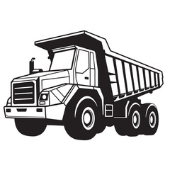 Black and white illustration of a large dump truck suitable for construction heavy machinery transportation and industrial design use cases.
