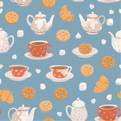 Whimsical pattern featuring teacups, teapots, cookies, croissants, and sugar cubes arranged on a blue background.