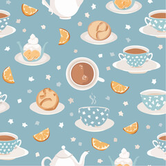 Delightful pattern of tea cups, teapots, cookies, and orange slices on a blue background.