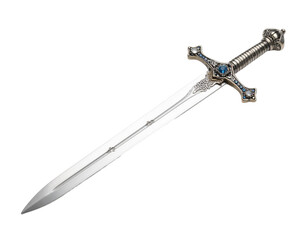 A medieval Templar sword with a crossguard and pommel, angled view, representing historical warfare, isolated on white.