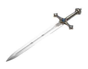 A medieval Templar sword with a crossguard and pommel, angled view, representing historical warfare, isolated on white.