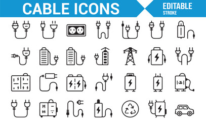 Electrical Symbols Pack Featuring Plugs, Charging Cables, and Battery Icons