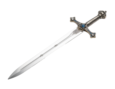 A medieval Templar sword with a crossguard and pommel, angled view, representing historical warfare, isolated on white.