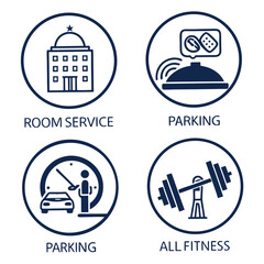 Hotel amenity icons with room service parking and fitness