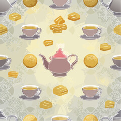 A repeating pattern of teacups, teapots, cookies, and sweets, on a light beige background.