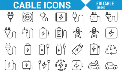 Set of Power and Cable Connection Icons, Electrical Sockets, Plugs, and Charging Symbols