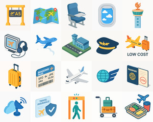 Flat Design Detailed Airport Elements and Traveling Objects Icon Set