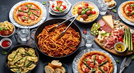 A lavish spread of italian food including pasta pizza and charcuterie perfect for a celebratory meal