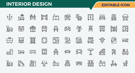 Set of Interior Design line icon. Contains such symbols as project, art, interior, decor, construction and more. Set of line pictogram. Furniture icon set. Editable stroke.