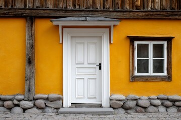 Rustic cottage entrance with white door on vibrant yellow wall