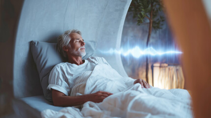 An older man is lying peacefully in bed, covered with a white blanket, while undergoing hypnosis treatment.
