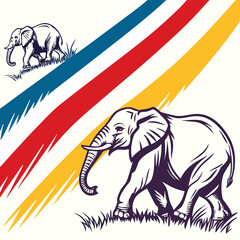 Bold elephants walking with colorful stripes animal