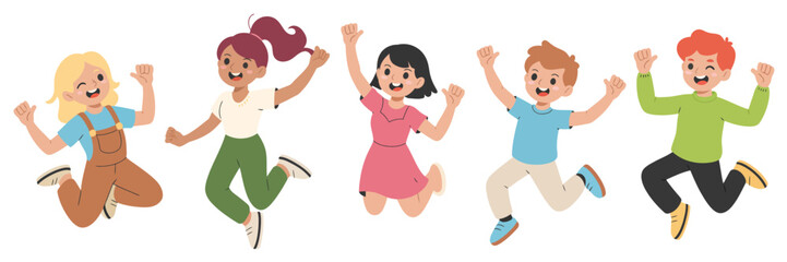 Happy Active Kids Vector Set – Energetic Boys and Girls Jumping, Running, and Playing in Dynamic Poses, Cute Flat Cartoon Illustrations Perfect for Fun and Activity Themes.

