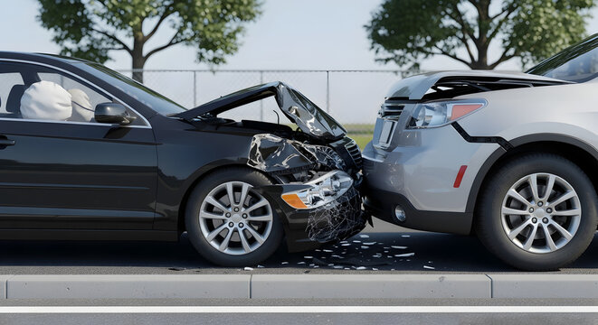 Head-on Car Collision with Deployed Airbag - Powered by Adobe