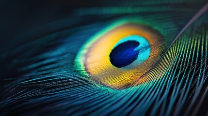 Naklejka premium Macro photography of a single peacock feather, iridescent eye pattern