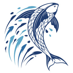 Blue fish leaping through water splashes aquatic