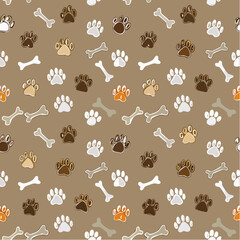 A charming and playful seamless pattern featuring a repeating arrangement of dog paw prints in various colors and stylized dog bones on a warm, neutral background.