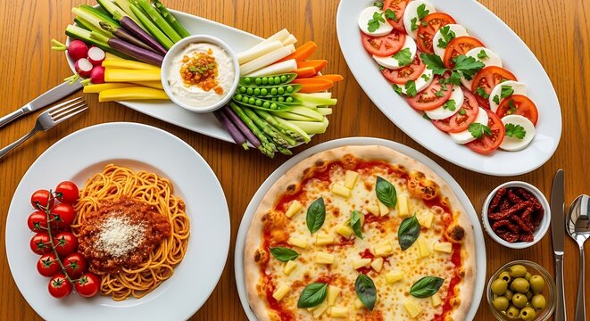 A delicious spread of italian food including pizza spaghetti and caprese salad on a wooden table