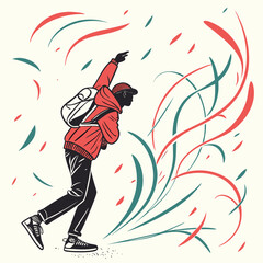 Hiker with backpack and abstract shapes red jacket