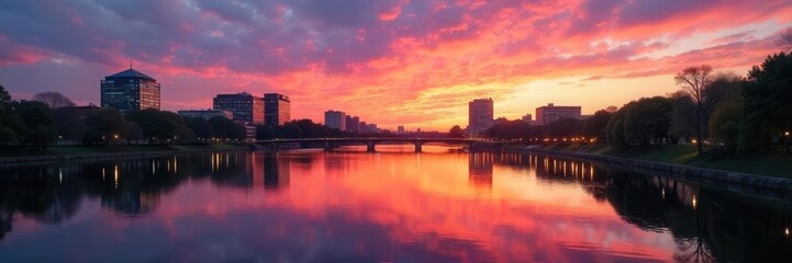 Calm Charles River at sunset, reflecting cityscape, water reflection, clouds, sunset