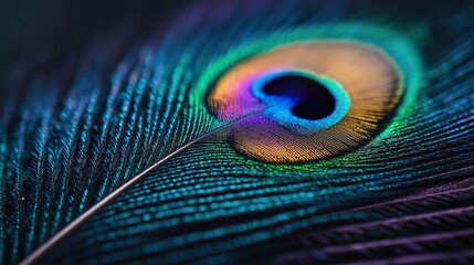 Naklejka premium Macro photography of a single peacock feather, iridescent eye pattern