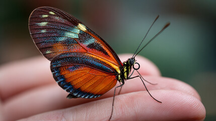 Obraz premium Macro Shot of a Doris Longwing Butterfly Resting on a Human Finger
