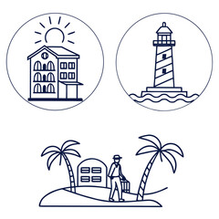 Fototapeta premium Coastal vacation icons with resort lighthouse and island scene