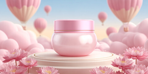 Pink cosmetic cream jar on pedestal with lotus flowers and hot air balloons in dreamy pastel sky Concept of skincare, beauty product, and luxury