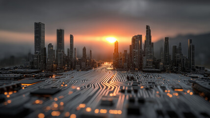 Modern city skyline transforming at sunset with innovative architecture