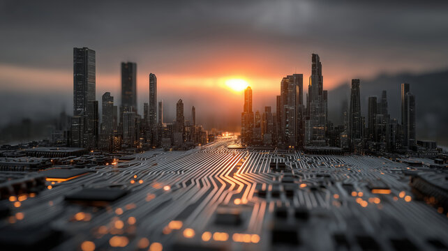 Modern city skyline transforming at sunset with innovative architecture