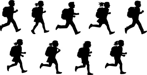 Obraz premium Kids running to school with bags silhouette vector.