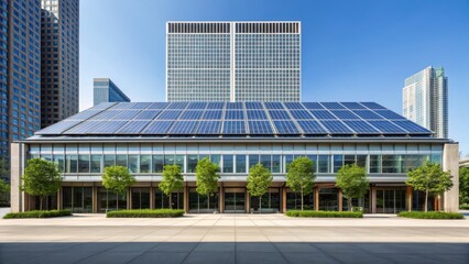 Sustainable energy solutions concepts, Modern building with solar panels, surrounded by urban architecture and greenery.