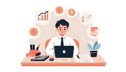 Businessman Working on Laptop with Financial Analysis and Planning Icons - Office Workspace Illustration