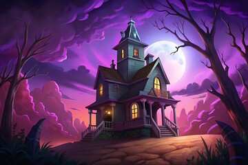Spooky victorian haunted house bathed in eerie purple moonlight on halloween night
