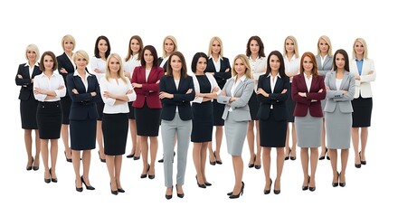 Obraz premium A diverse group of professional women in business attire stand together showcasing teamwork and success