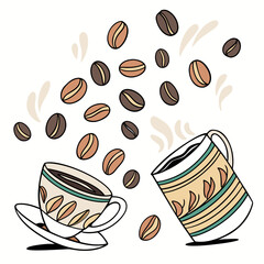 Whimsical coffee cups and beans drink
