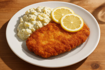 Crispy breaded schnitzel with creamy potato salad and lemon slices on white plate
