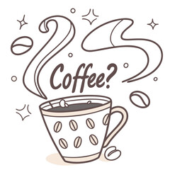 Steaming coffee cup with beans and question illustration