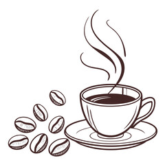 Coffee cup with steam and scattered beans drink